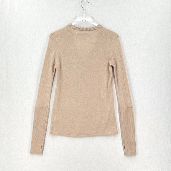 ENZA COSTA Fine Cashmere Knitted V-neck Sweater Medium Large Oatmeal Long Sleeve - Picture 2 of 15